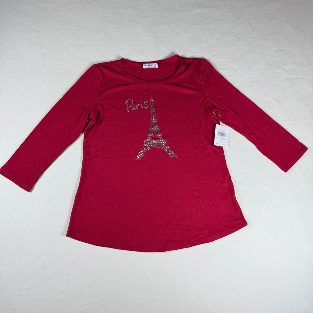 Retrology Womens Vixen Red Paris Eiffel Tower Rhinestone Top New With Tag